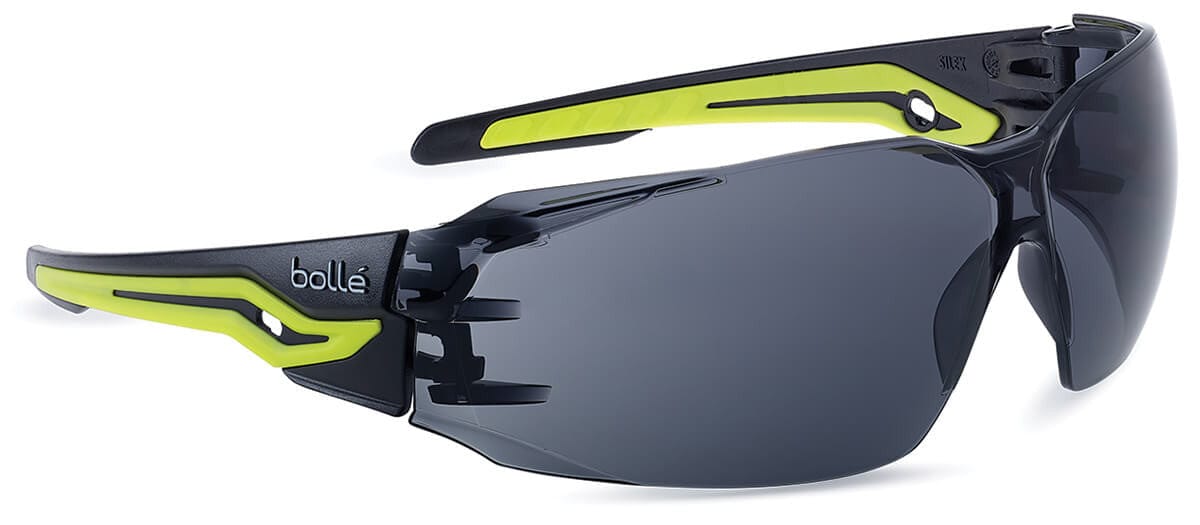 Bolle Silex Plus Safety Glasses with Black/Yellow Temples and Smoke Platinum Anti-Fog Lens