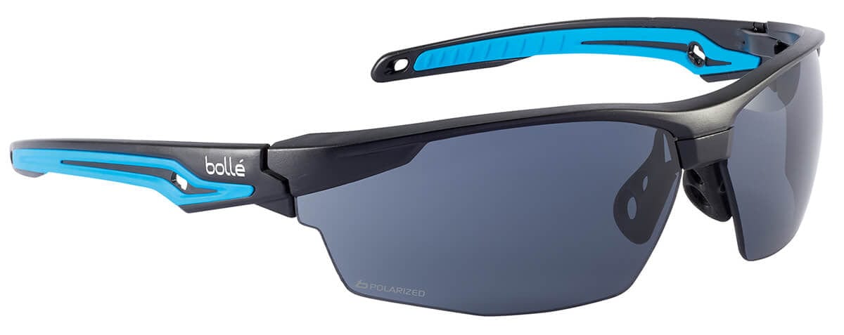 Bolle Tryon Safety Glasses with Black & Blue Frame and Polarized Smoke Lens TRYOPOL