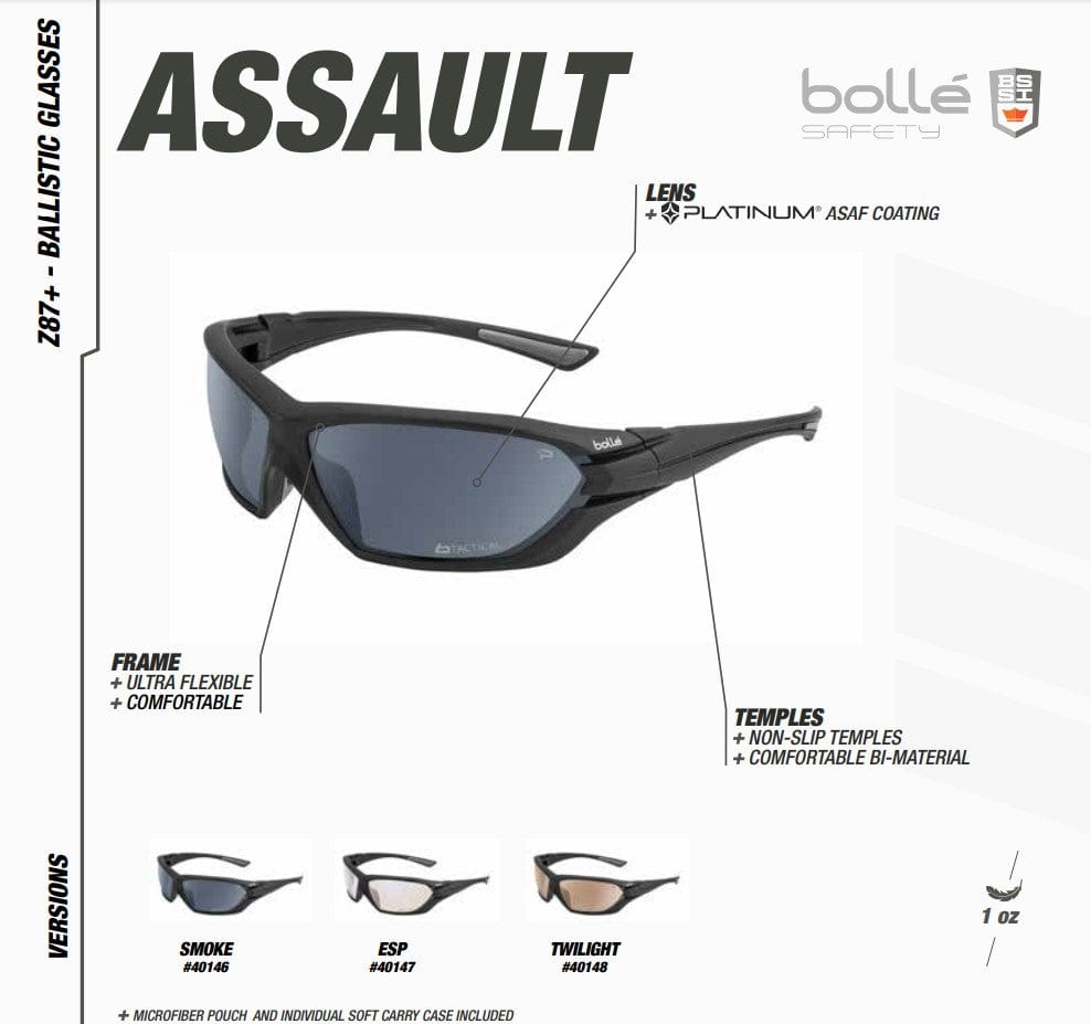 Bolle Assault Tactical Safety Glasses with Matte Black Frame and ESP Anti-Fog Lens 40147 Features