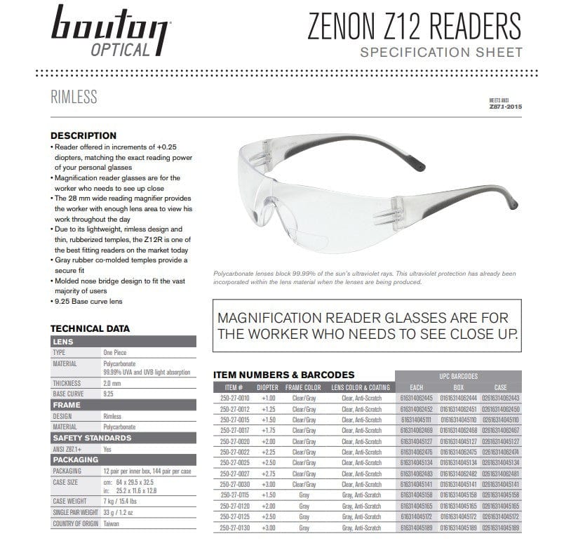 Bouton Zenon Z12R Bifocal Safety Glasses Spec Sheet