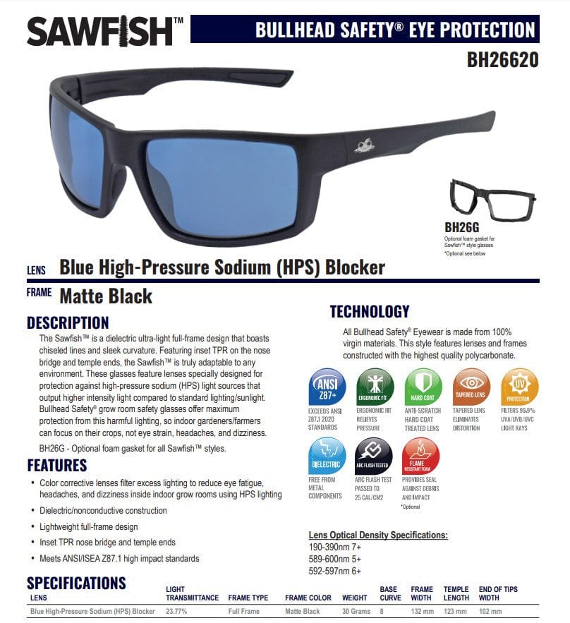 Bullhead Sawfish Safety Glasses with Blue High-Pressure Sodium Blocker Lens BH26620 Spec-Sheet