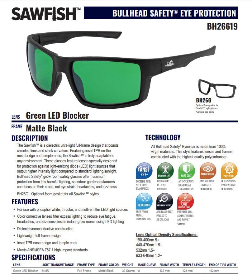 Bullhead Sawfish Safety Glasses Green LED Blocker Lens BH26619 Spec-Sheet