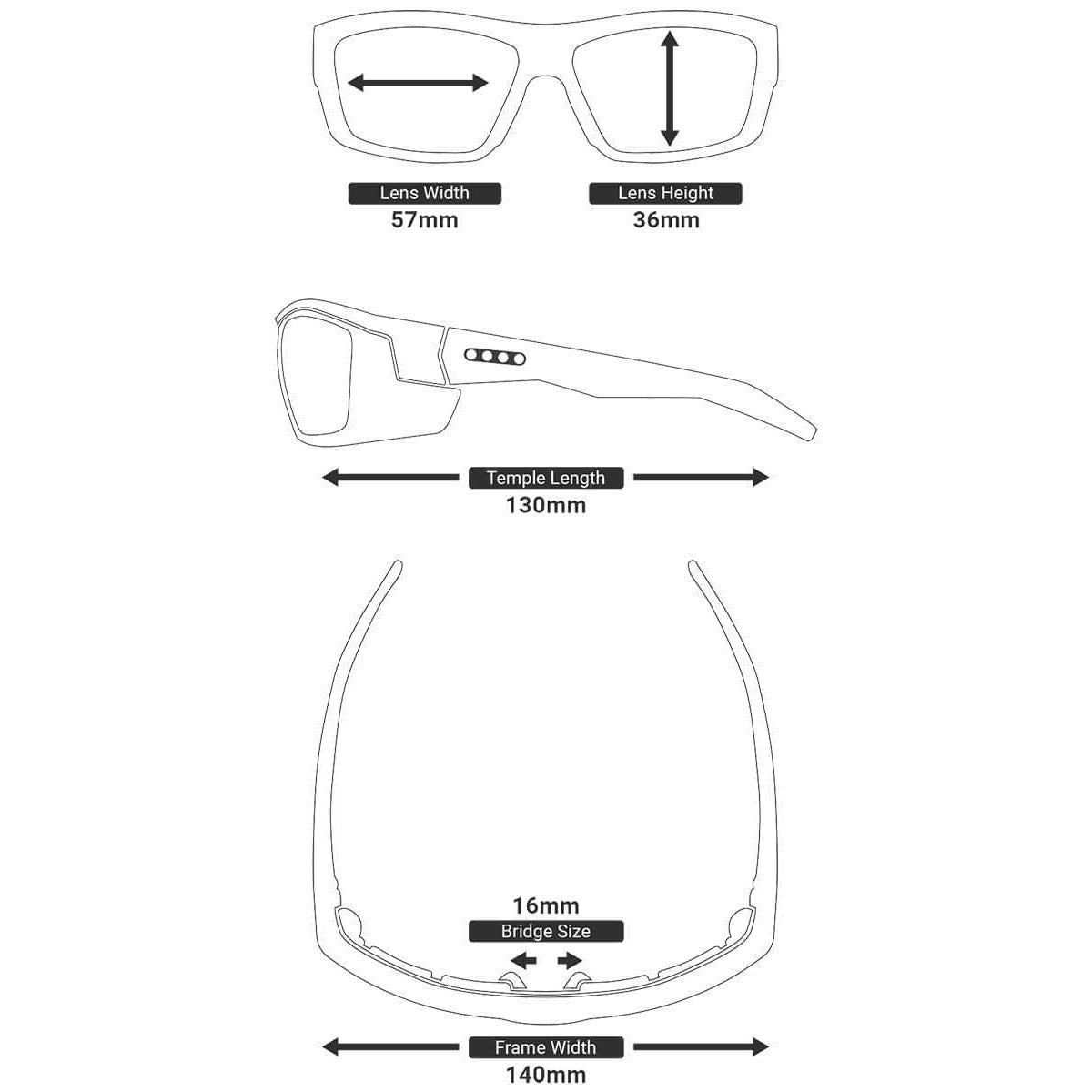 EnChroma Martinez Color Blind Safety Glasses with Cx3 Outdoor Sun Lens Cx3-SN-MTZ-BK-PL - Frame & Lens Measurements