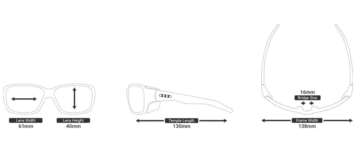 EnChroma Summit Color Blind Safety Glasses with Cx3 Outdoor Sun Lens Cx3-SN-SUM-BK-PL - Measurements