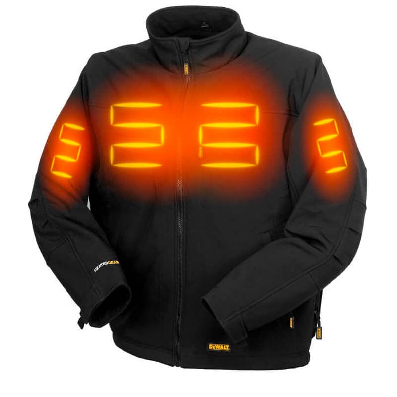 DEWALT Unisex Heated Soft Shell Jacket Black With Battery & Charger - Front View with Heat Zones