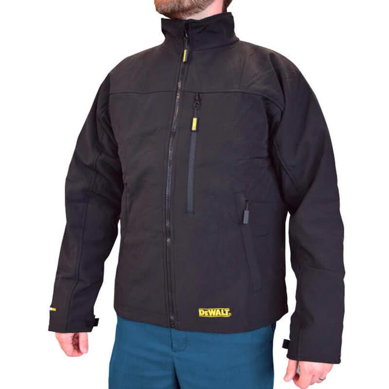 DEWALT Unisex Heated Soft Shell Jacket Black With Battery & Charger - Man Wearing - Front View