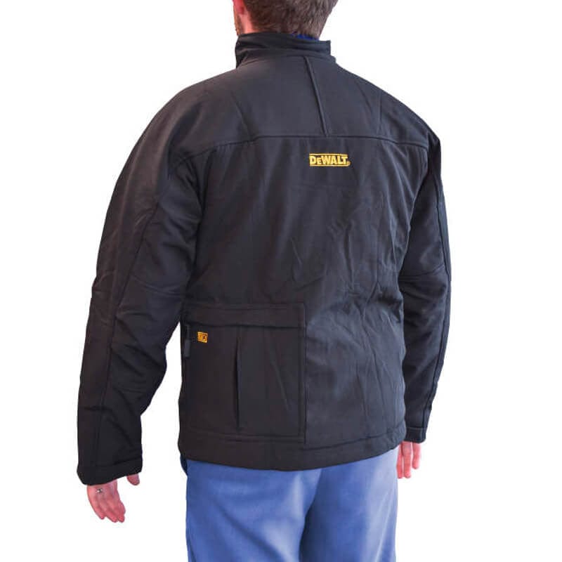 DEWALT Unisex Heated Soft Shell Jacket Black With Battery & Charger - Man Wearing - Back View