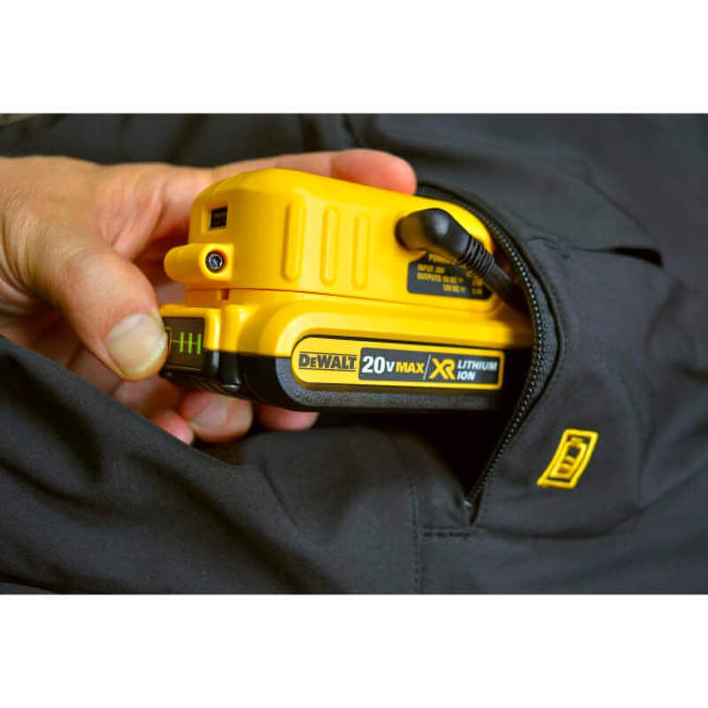 DEWALT Unisex Heated Soft Shell Jacket Black With Battery & Charger - 20v Battery Closeup
