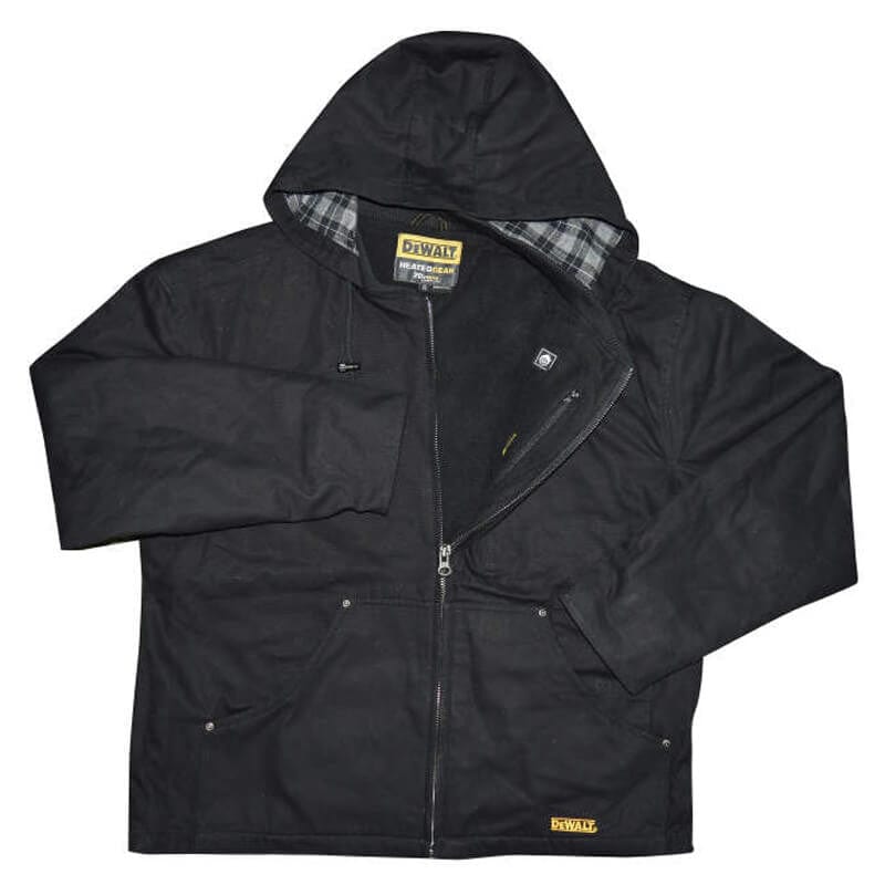 DEWALT DCHJ076ATB  Unisex Heated Heavy Duty Work Coat Without Battery - Front Flat View  - Shown in Black