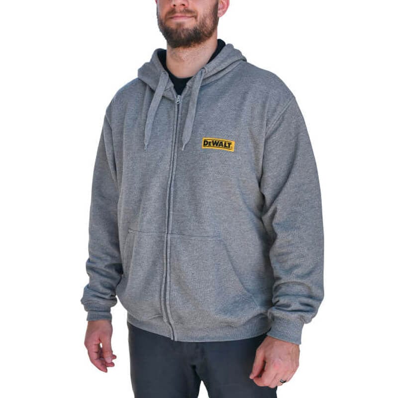 DEWALT DCHJ080B Unisex Heated French Terry Cotton Hoodie Heather Gray Without Battery - Man Wearing - Front View
