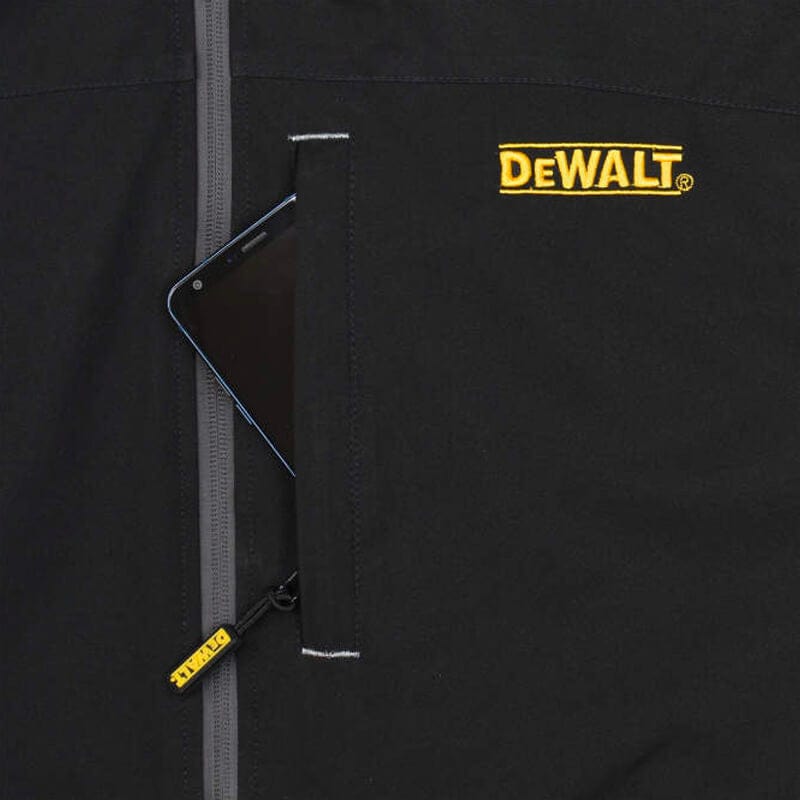 DEWALT Unisex Heated Structured Soft Shell Jacket Black With Battery & Charger - Front Pocket Closeup