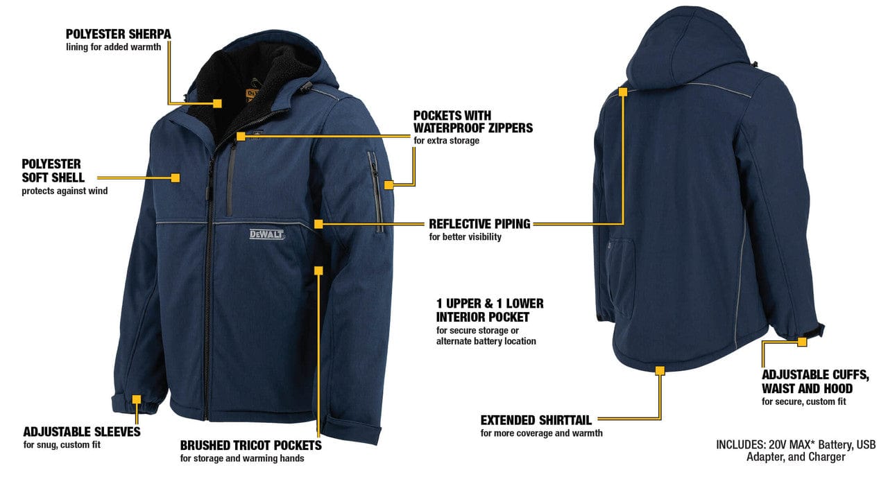 DEWALT Unisex Softshell Heated Navy Jacket With Battery & Charger DCHJ101D1 - Jacket Specs