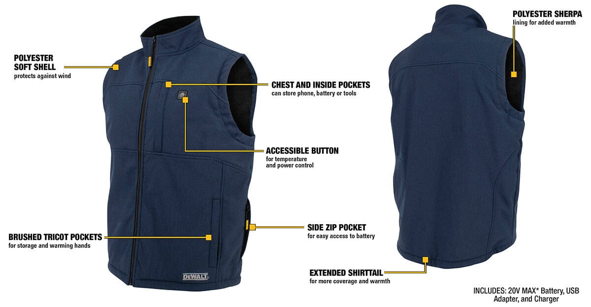 DEWALT Unisex Navy Heated Vest with Sherpa Lining and Battery & Charger DCHV089D1 - Jacket Specs