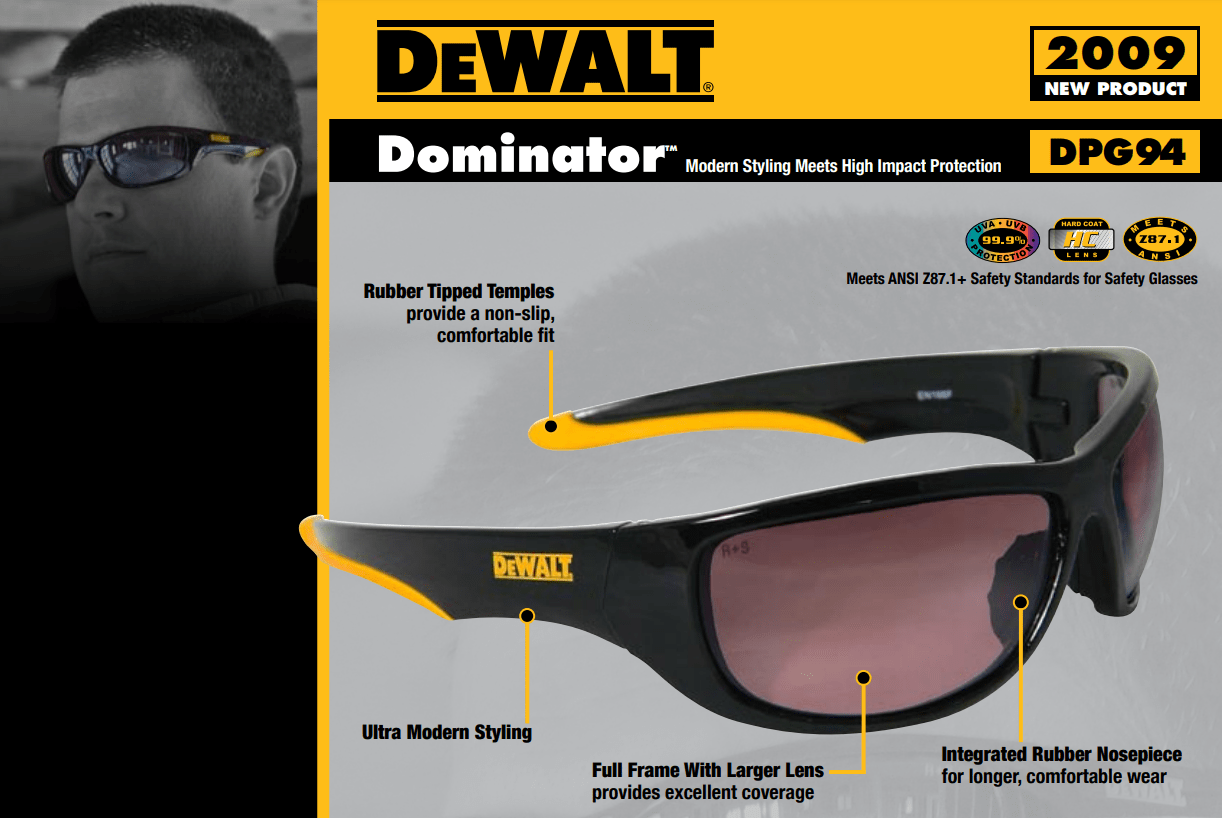 DeWalt Dominator Safety Glasses with Black Frame and Indoor/Outdoor Lens DPG94-9D Key Features