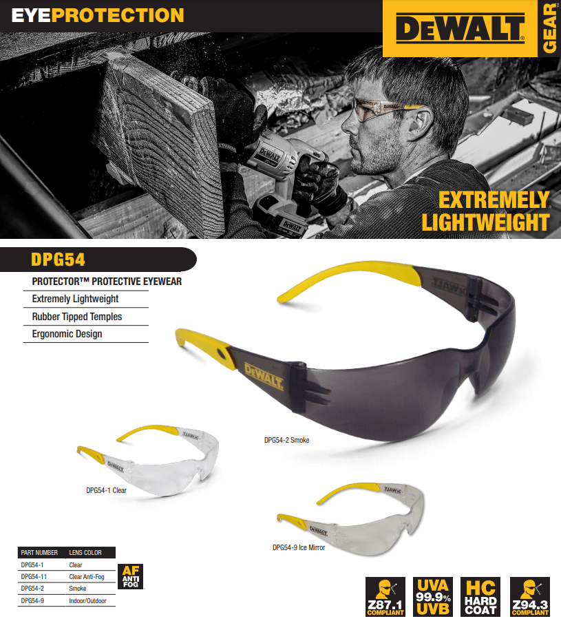 DEWALT Protector Safety Glasses with Smoke Lens DPG54-2D Key Features