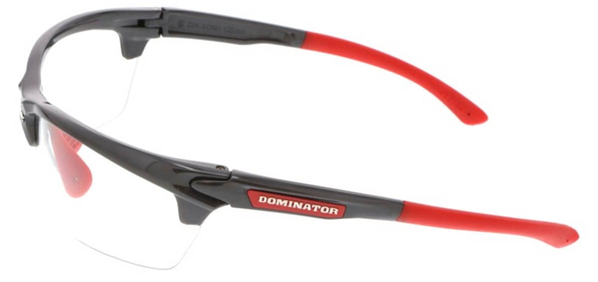 Crews Dominator 3 Safety Glasses with Gunmetal Colored Frame and Clear Anti-Fog Lens Side View