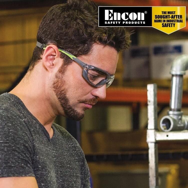 Encon Veratti Primo Foam-Padded Safety Glasses/Goggles with Gray/Green Frame and Gray Anti-Fog Lens Worn