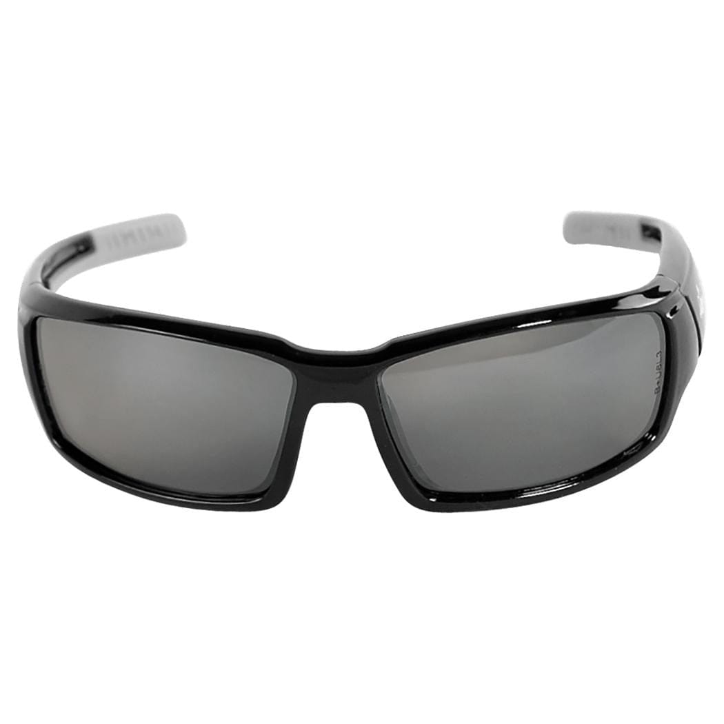 Bullhead Maki Safety Glasses Shiny Black Frame Polarized Silver Mirror Lens Front View