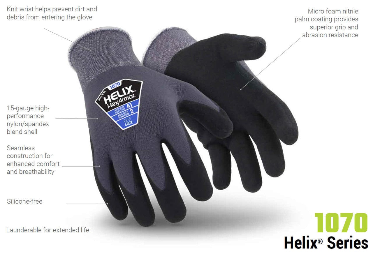 HexArmor Helix 1070 Foam Nitrile Dip Work Gloves - Features
