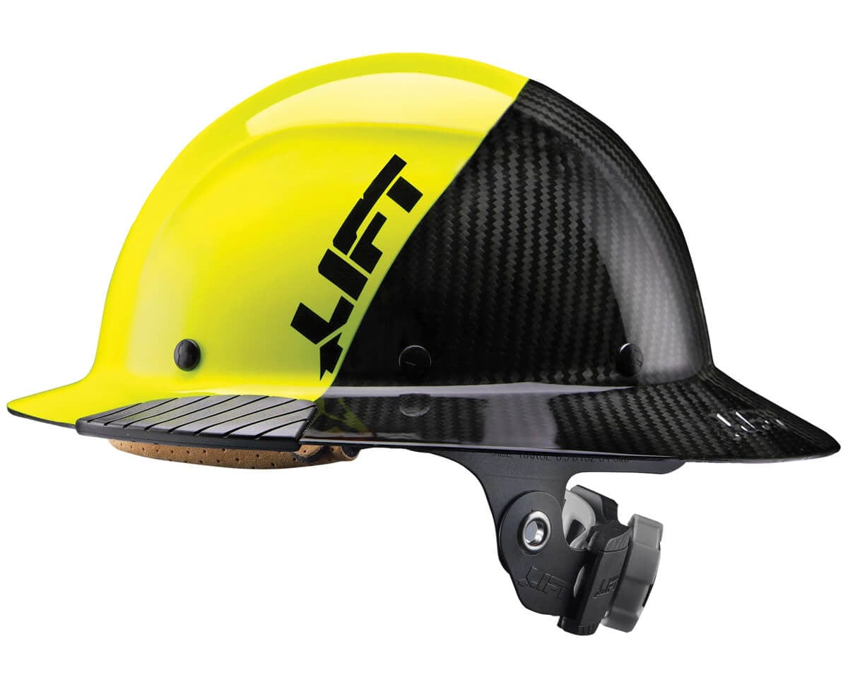Lift Safety Dax Carbon Fiber Full Brim Fifty 50 Hard Hat with 6-Point Suspension - Yellow/Black Side