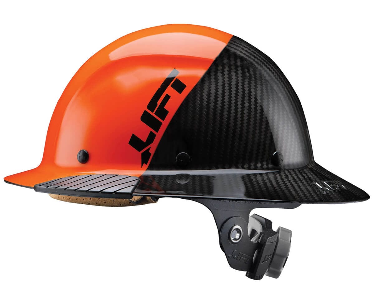 Lift Safety Dax Carbon Fiber Full Brim Fifty 50 Hard Hat with 6-Point Suspension - Orange/Black Side