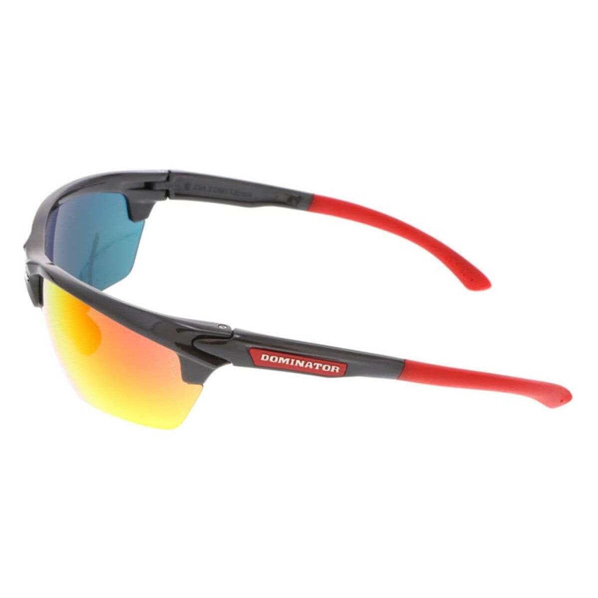MCR Safety DM131R Dominator DM3 Safety Glasses Gray Red Frame Red Mirror Lenses left temple view