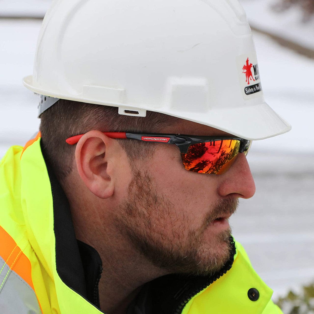 MCR Safety DM131R Dominator DM3 Safety Glasses Gray Red Frame Red Mirror Lenses worn by construction worker with a hard hat