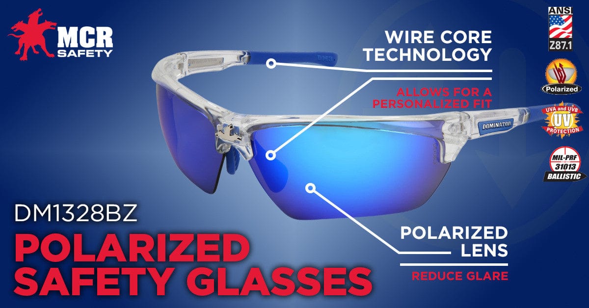 MCR Safety DM1328BZ Dominator DM3 Safety Glasses Blue Clear Frame with Polarized Blue Mirror Lenses key features