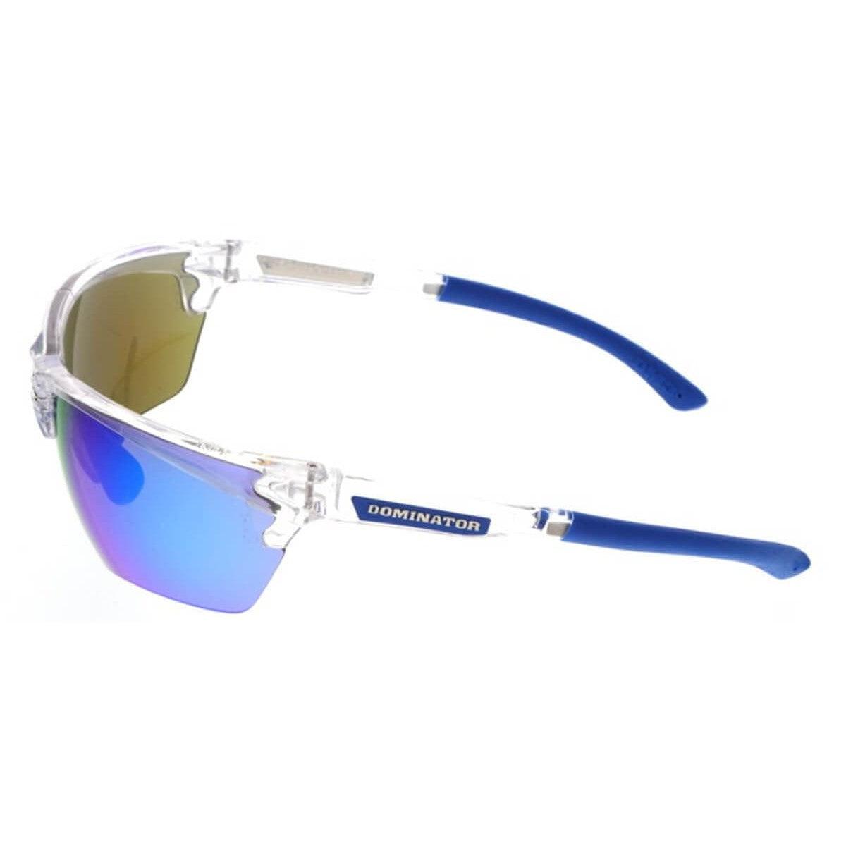 MCR Safety DM1328BZ Dominator DM3 Safety Glasses Blue Clear Frame with Polarized Blue Mirror Lenses left temple arm
