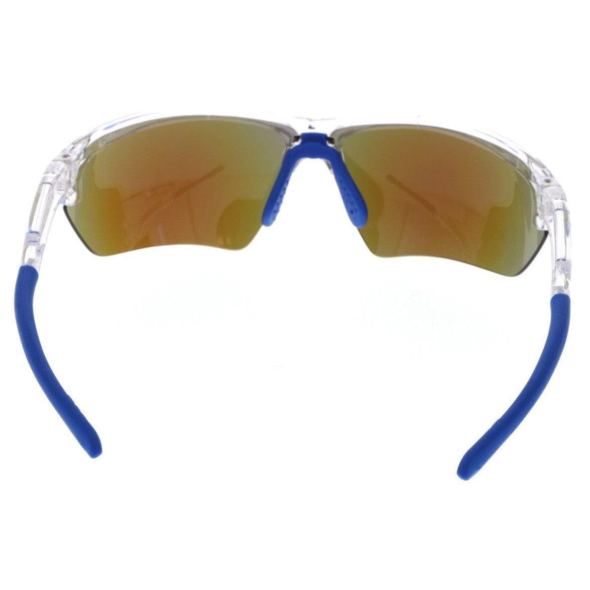 MCR Safety DM1328BZ Dominator DM3 Safety Glasses Blue Clear Frame with Polarized Blue Mirror Lenses nosepiece view