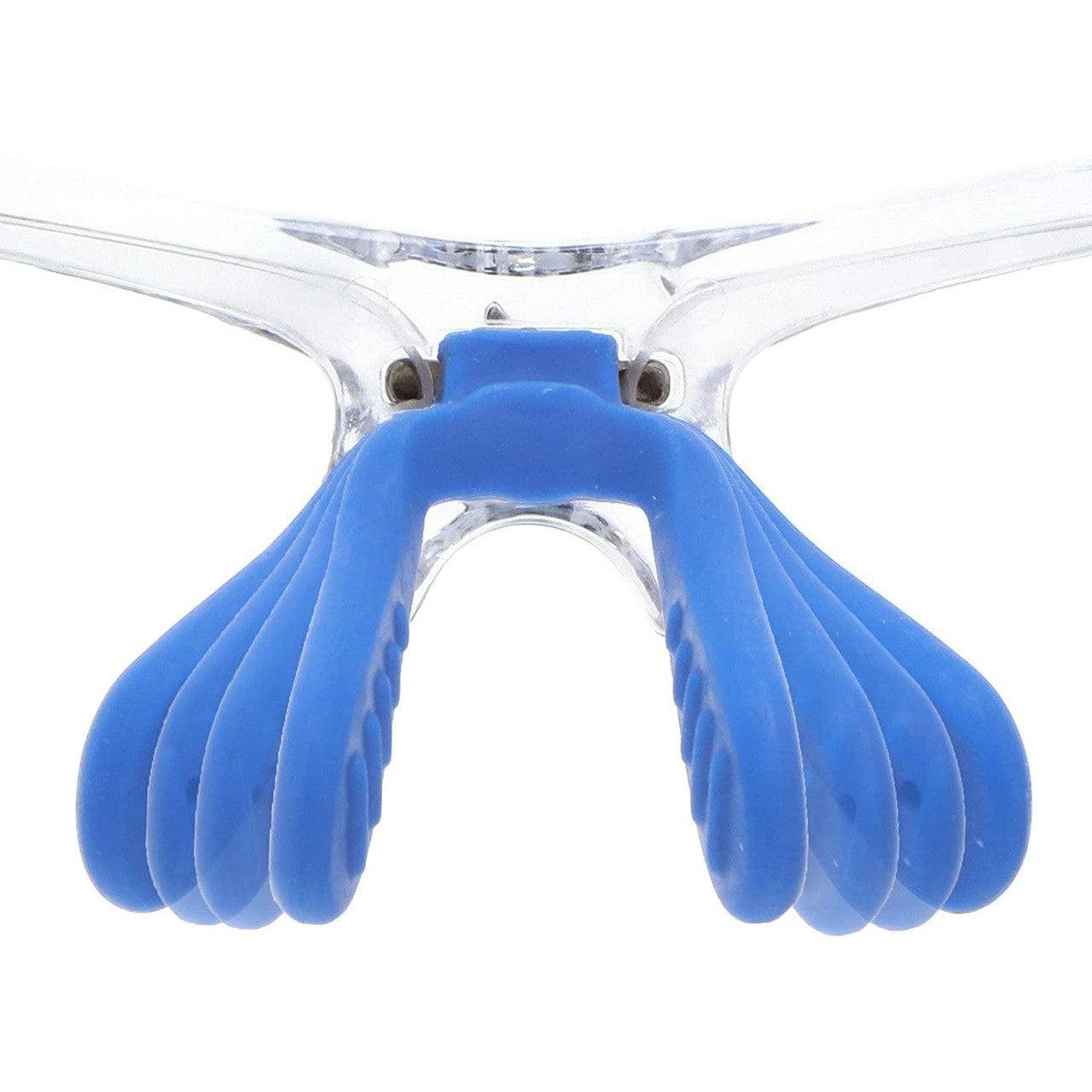 MCR Safety DM1328B Dominator DM3 Safety Glasses Blue Clear Frame with Blue Mirror Lenses nosepiece view