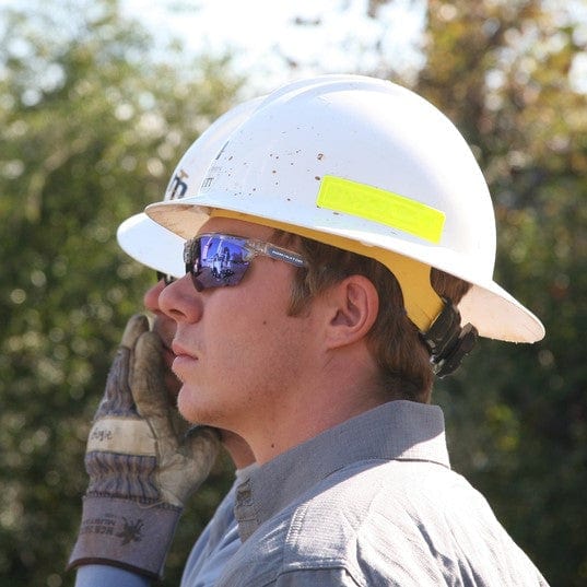 MCR Safety DM1328B Dominator DM3 Safety Glasses Blue Clear Frame with Blue Mirror Lenses worker wearing full brim hard hat