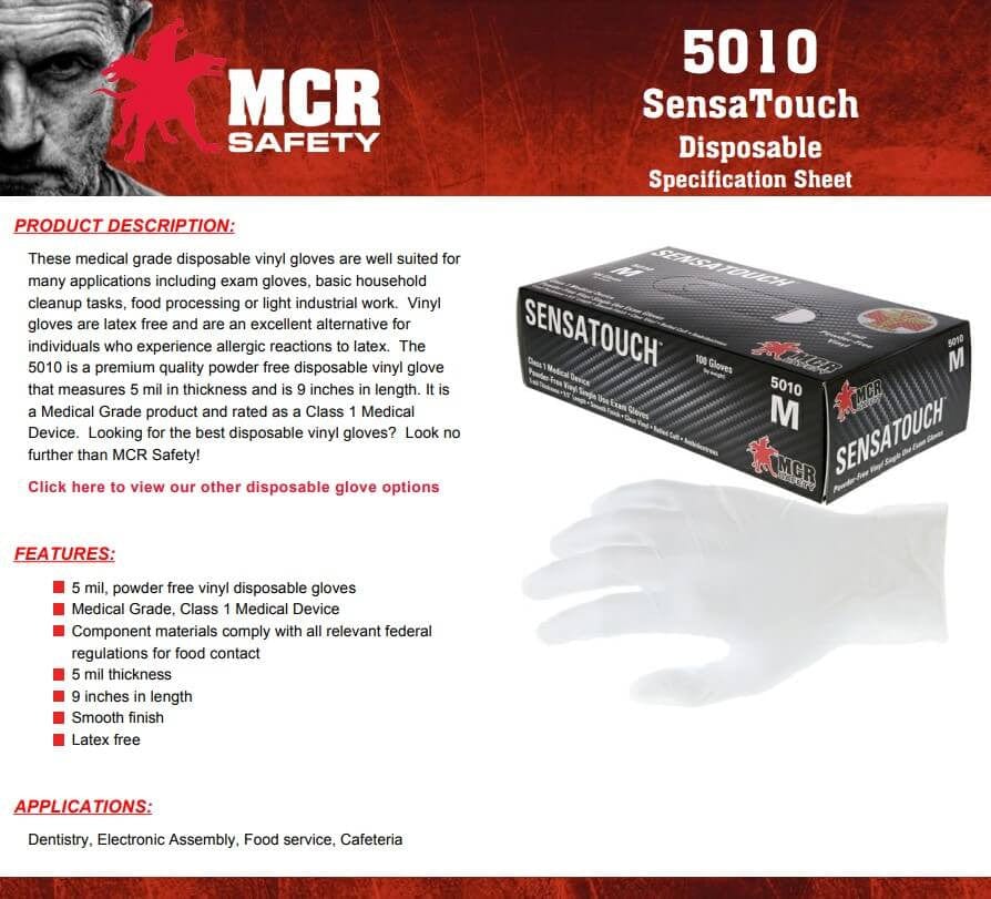 MCR SensaTouch Disposable Gloves, Clear Vinyl, Medical Grade, Powder Free, 5-Mil Box 100 Spec Sheet