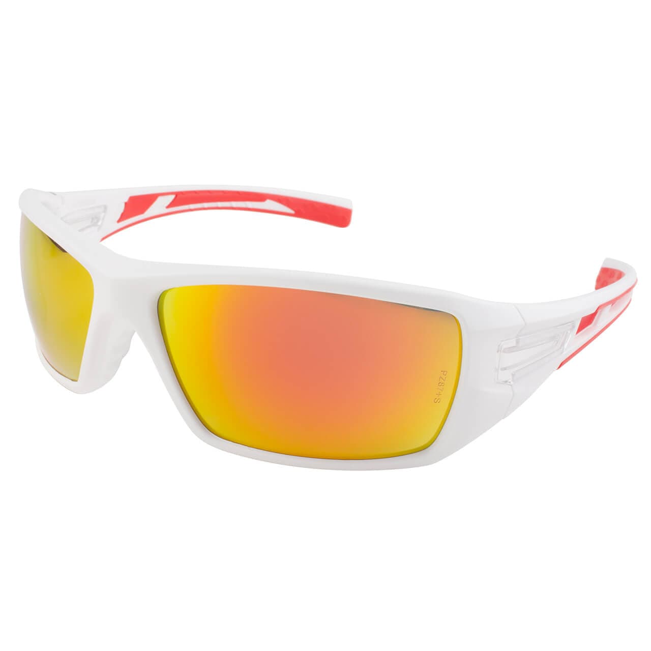 Metel M30 Safety Sunglasses Lightweight Full-Frame, Flexible Temples, Multiple Color Options - White Frame w/Red Mirror Lens