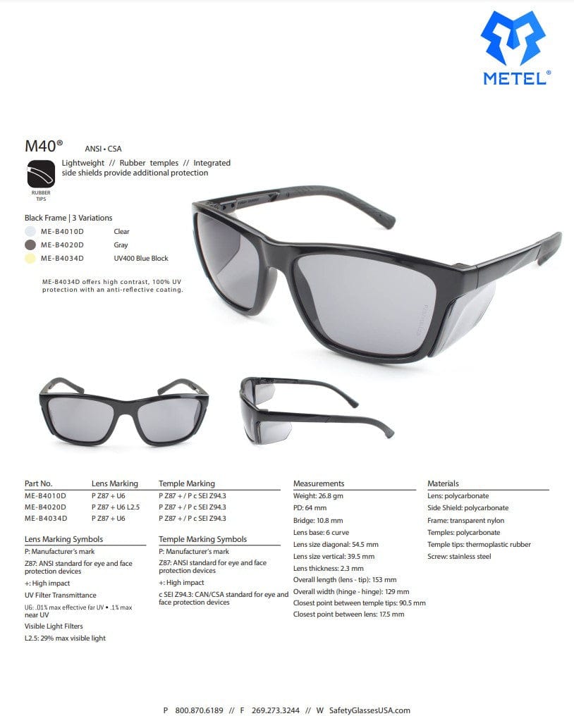 METEL M40 Safety Glasses Spec-Sheet