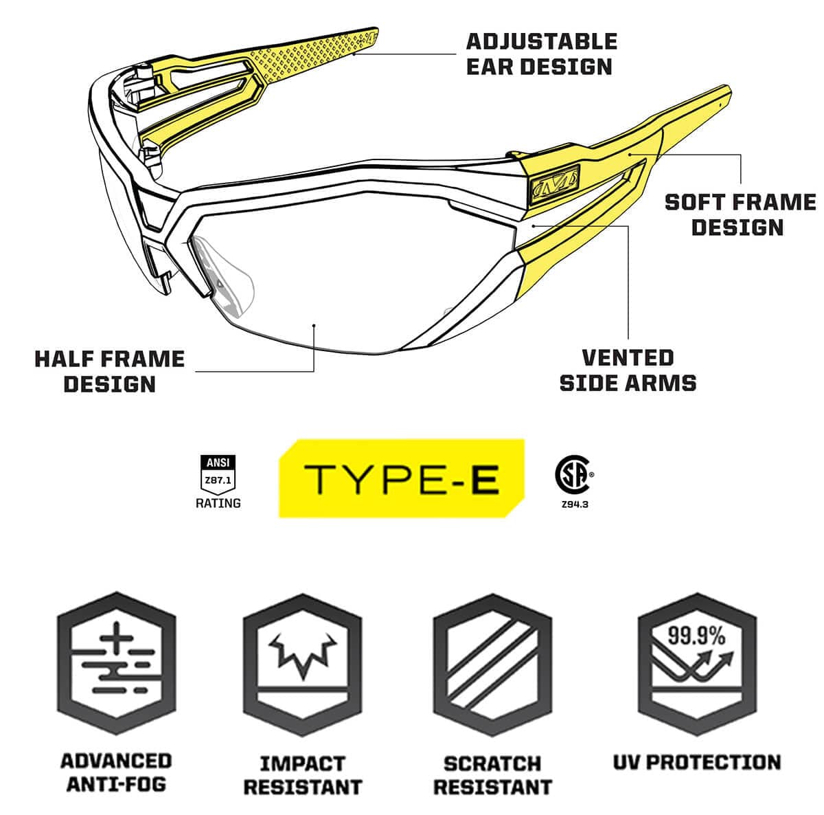 Mechanix Wear Type-E Safety Glasses with Grey Frame and Fire Mirror Anti-Fog Lens VES-21AK-BU - Details