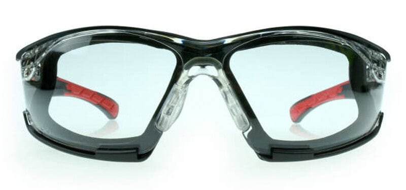 Radians Obliterator Foam-Lined Safety Glasses with Black/Red Frame and Clear IQUITY Anti-Fog Lens - Front View