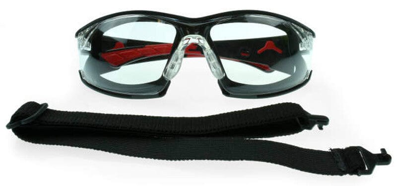 Radians Obliterator Foam-Lined Safety Glasses with Black/Red Frame and Clear IQUITY Anti-Fog Lens - Front View with Strap