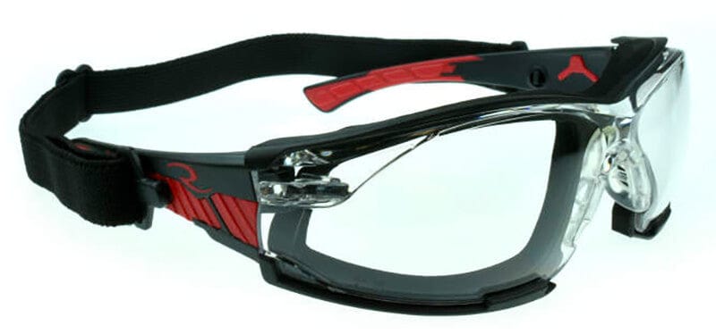 Radians Obliterator Foam-Lined Safety Glasses with Black/Red Frame and Clear IQUITY Anti-Fog Lens - with Strap
