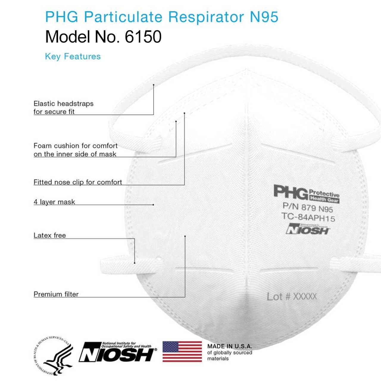 PHG 6150 N95 Respirator Key Features Made In USA