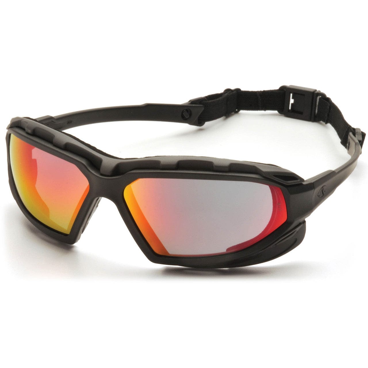 Pyramex Highlander Plus Safety Glasses Black Foam-Lined Frame Sky Red Mirror Anti-Fog Lens SBG5055DT