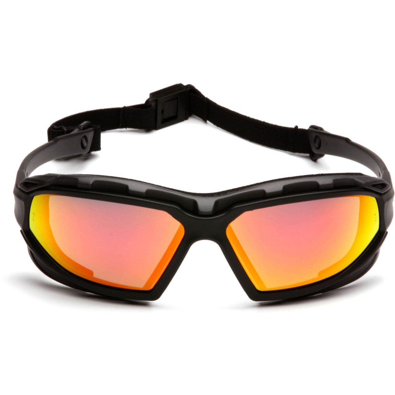 Pyramex Highlander Plus Safety Glasses Black Foam-Lined Frame Sky Red Mirror Anti-Fog Lens SBG5055DT Front