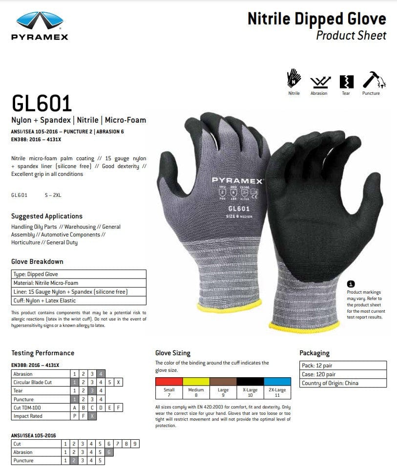 Pyramex GL601 Series Micro-Foam Nitrile Gloves Key Features