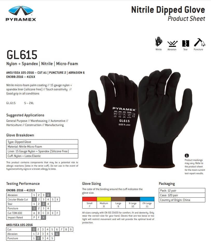 Pyramex GL615 Cut-Resistant Work Gloves Spec Sheet
