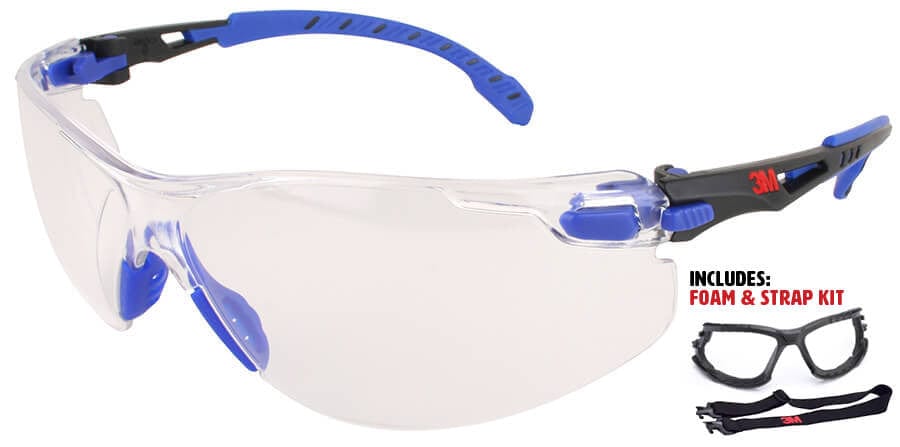 3M Solus Safety Glasses with Blue Temples, Clear Anti-Fog Lens and Foam & Strap Kit S1101SGAF-KT