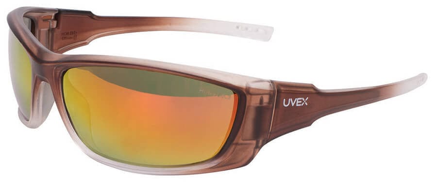Uvex A1500 Safety Glasses with Matte Brown Frame and Red Mirror Lens