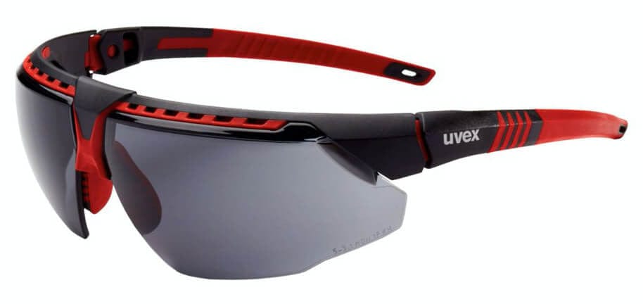 Uvex Avatar Safety Glasses with Red/Black Frame and Gray Hydroshield AF Lens