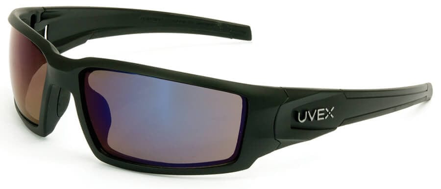Uvex Hypershock Safety Glasses with Matte Black Frame and Blue Mirror Lens