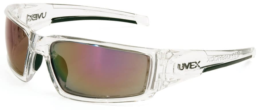 Uvex Hypershock Safety Glasses with Clear Ice Frame and Red Mirror Lens