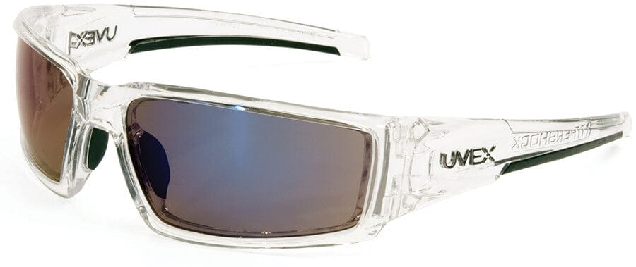 Uvex Hypershock Safety Glasses with Clear Ice Frame and Blue Mirror Lens